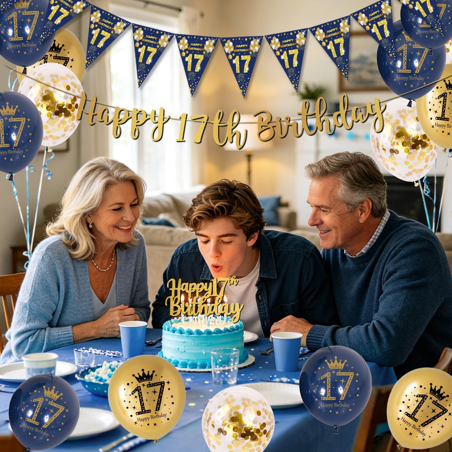 Thumbnail 3 de 17th Birthday Decorations: Navy Blue & Gold Banner Kit for Boys