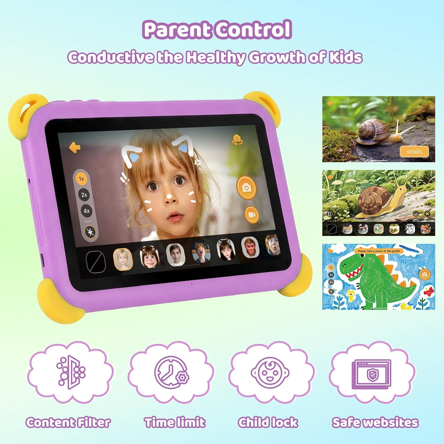 Thumbnail 4 de Kids Tablet 7 inch Android 15 with Parental Control, AI Dual Cameras & Learning (Purple, WiFi 6/BT 5.3)