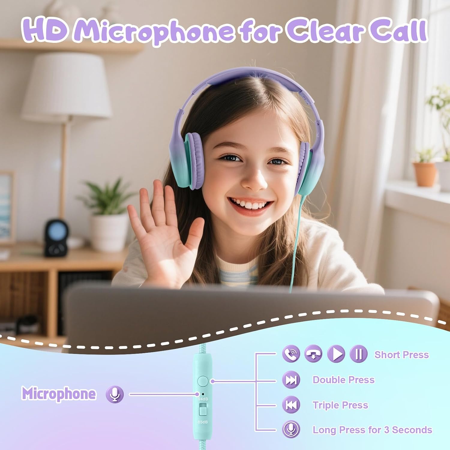Detalle de Voopwink USB Type-C Kids Headphones KH5 with Microphone — Safe Volume 85/94dB, 40mm Drivers, Durable Nylon Cord, Foldable Over-Ear for School and Travel (Green Violet)