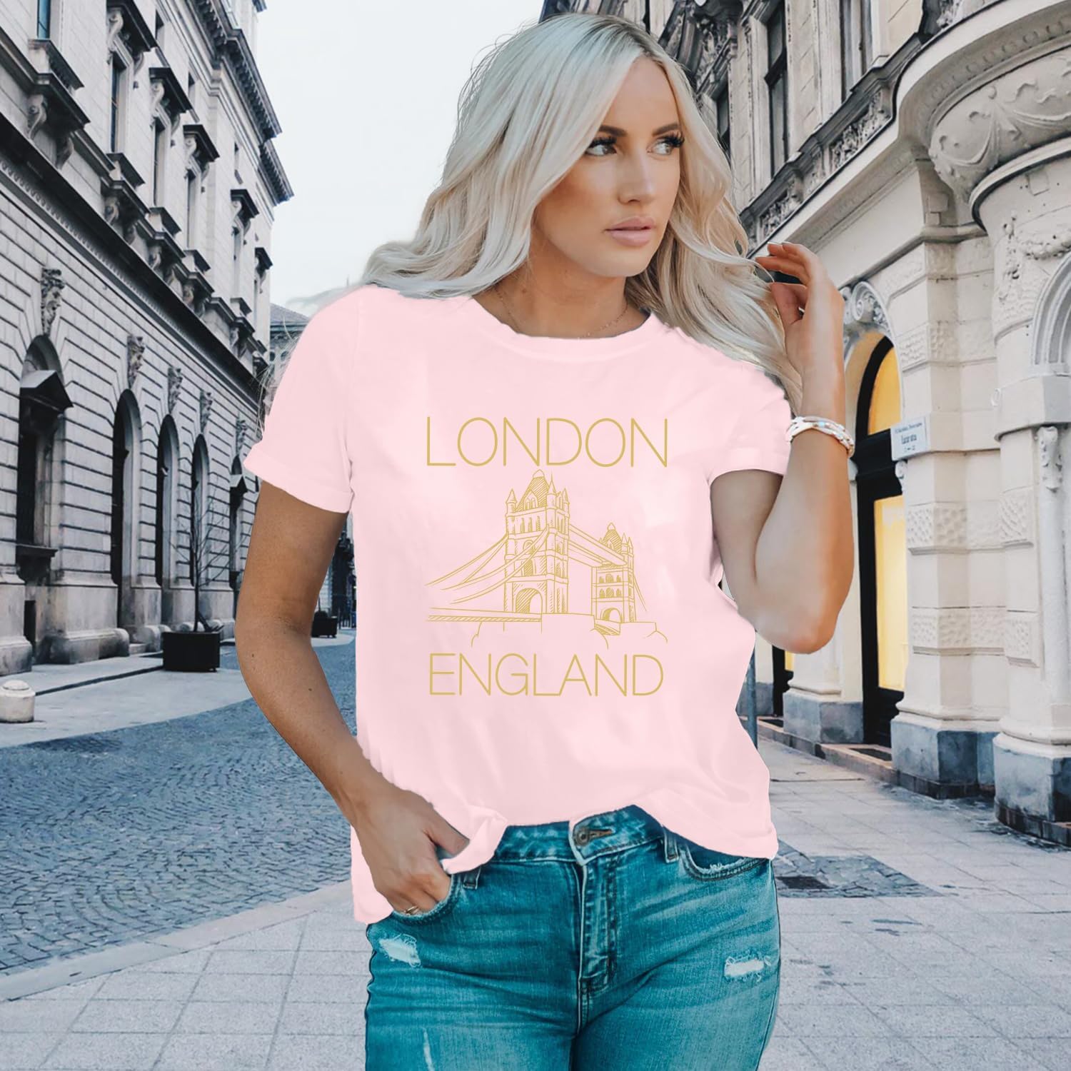 Detalle 2 de SUWATOIN Women's London England Shirt – Tower Bridge Graphic London Souvenir T‑Shirt
