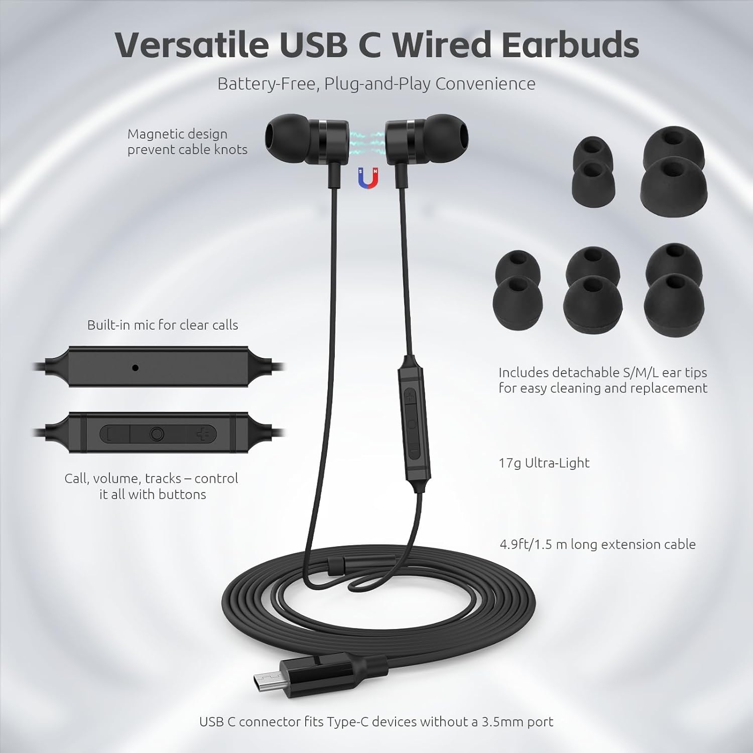 Thumbnail 2 de MORMOQUE USB-C Headphones (Wired) for iPhone 15/16/17, Samsung Galaxy & More — In-Ear Earbuds with Mic, Magnetic Cord, 6 Ear Tips (Black)