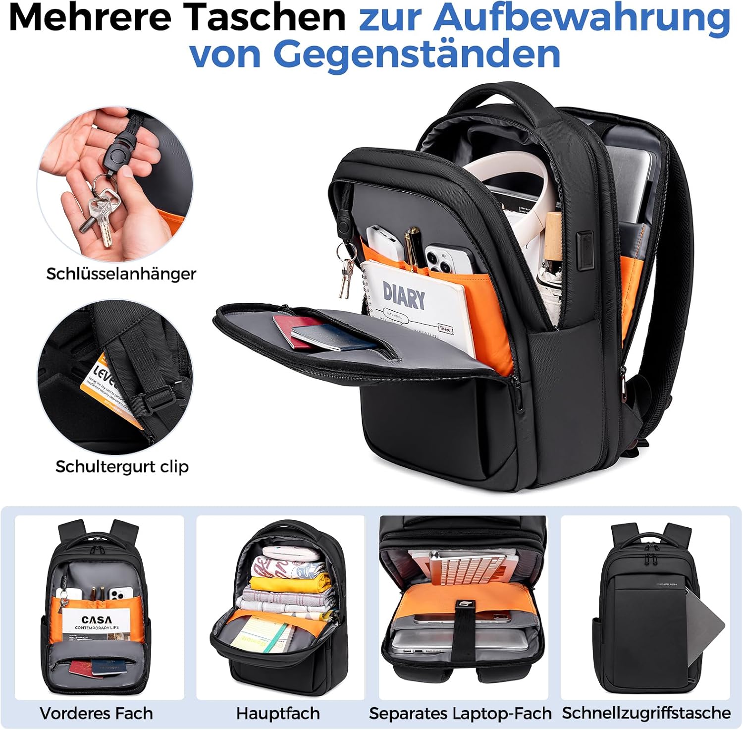 Detalle de Fenree.geer Rucksack Herren 17,3 Zoll – erweiterbarer Handgepäck-Laptoprucksack mit USB-Anschluss und Diebstahlschutz