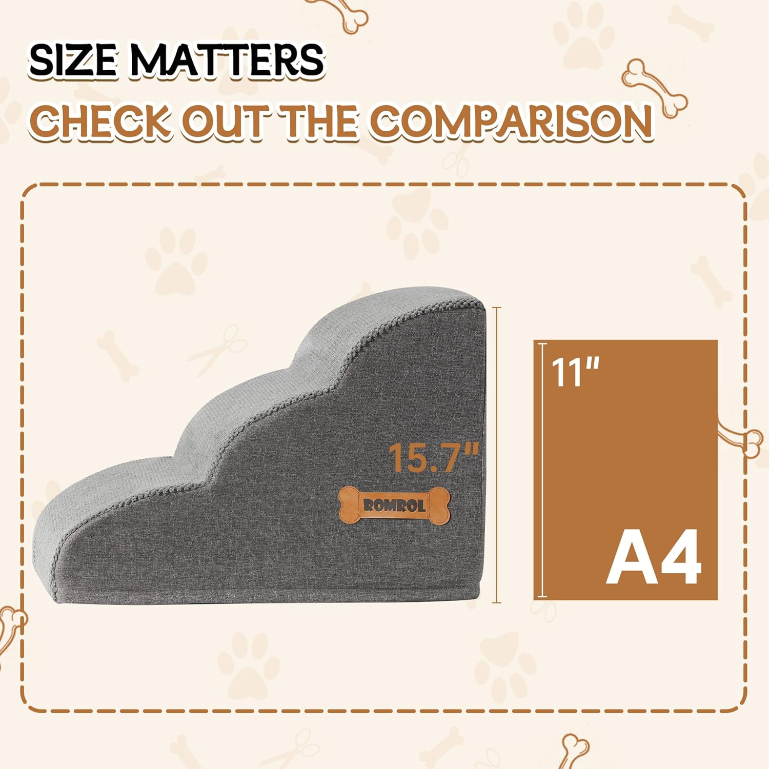 Detalle de ROMROL 3-Step Dog Stairs for Small Dogs – Non-Slip Ramp with High-Density Foam (58x38x38cm) in Grey