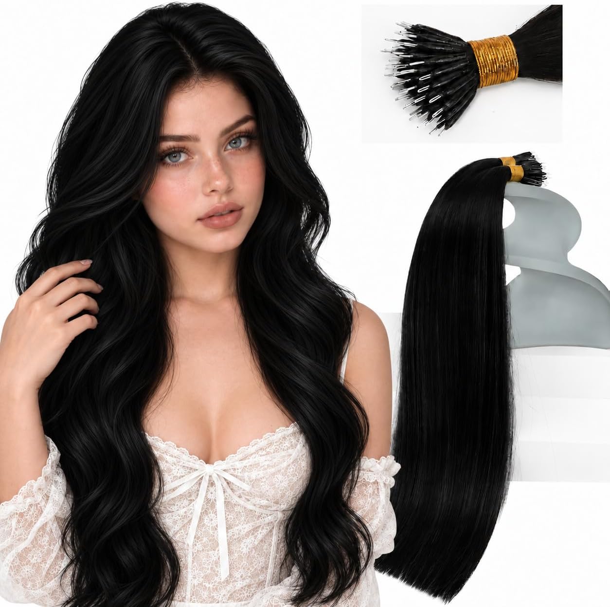 Detalle de Sunny Hair NANO_1_18 18-Inch Human Hair Nano Bead Extensions, Jet Black, 50 g