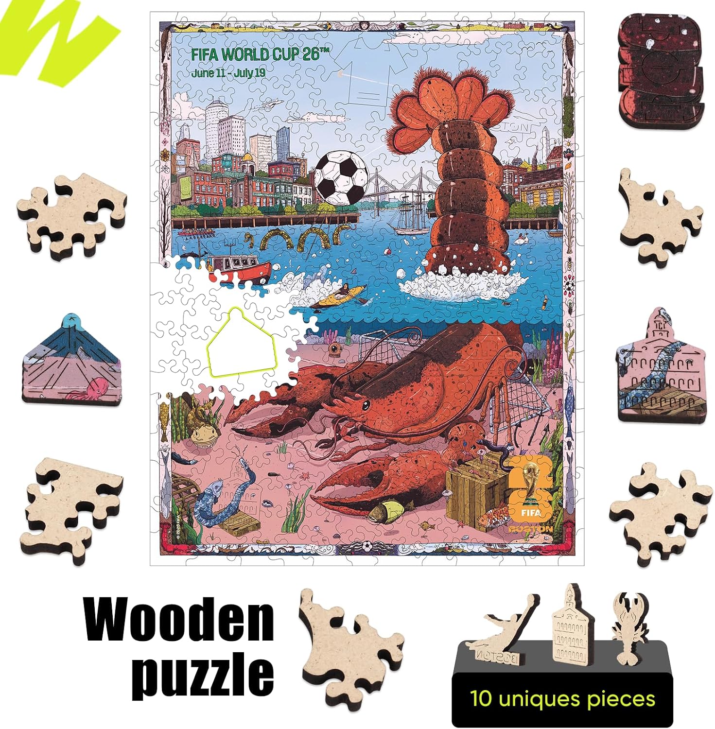 Detalle 2 de FIFA World Cup 2026 City Puzzle Boston Poster – 200-Piece Wooden Irregular-Shape Puzzle