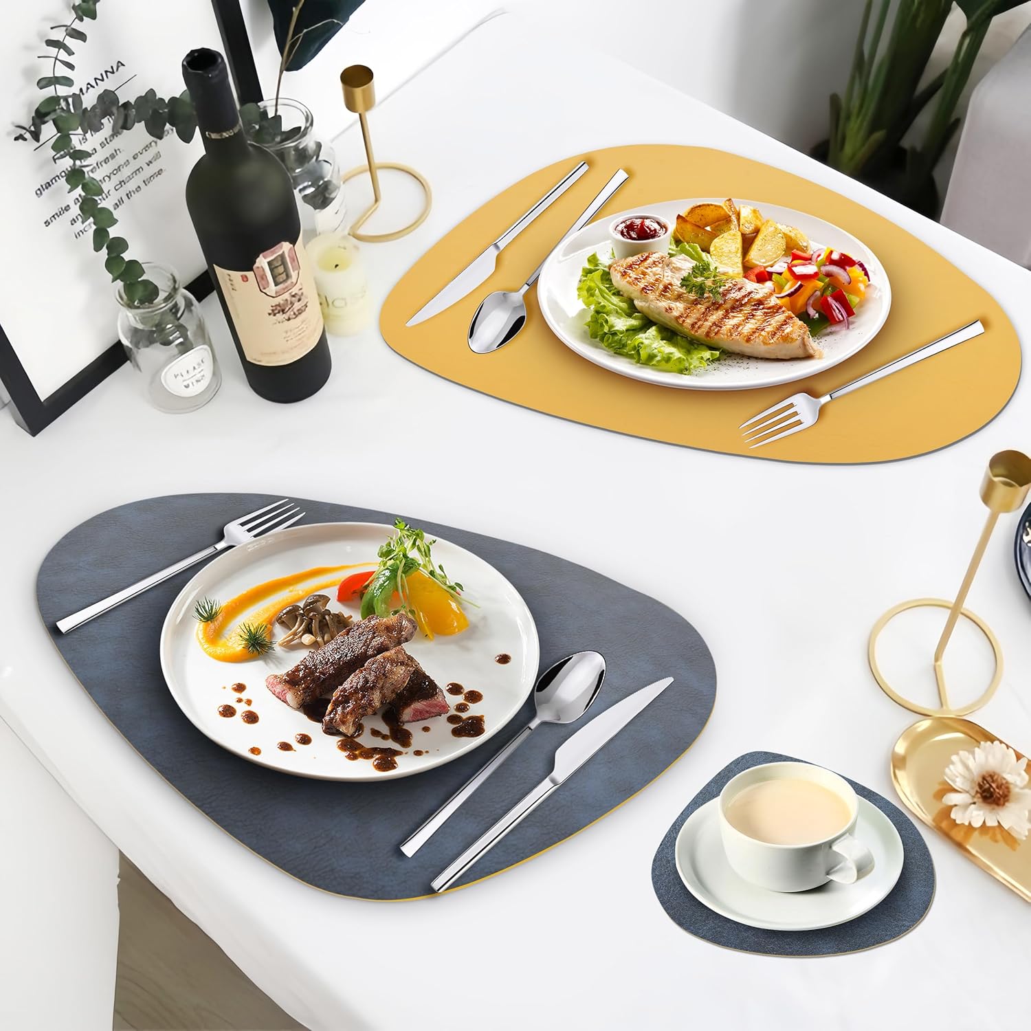 Thumbnail 5 de Tischsets Abwaschbar und Untersetzer aus PU-Leder - Doppelseitig nutzbar, rund, Blau/Gelb, 4er Set