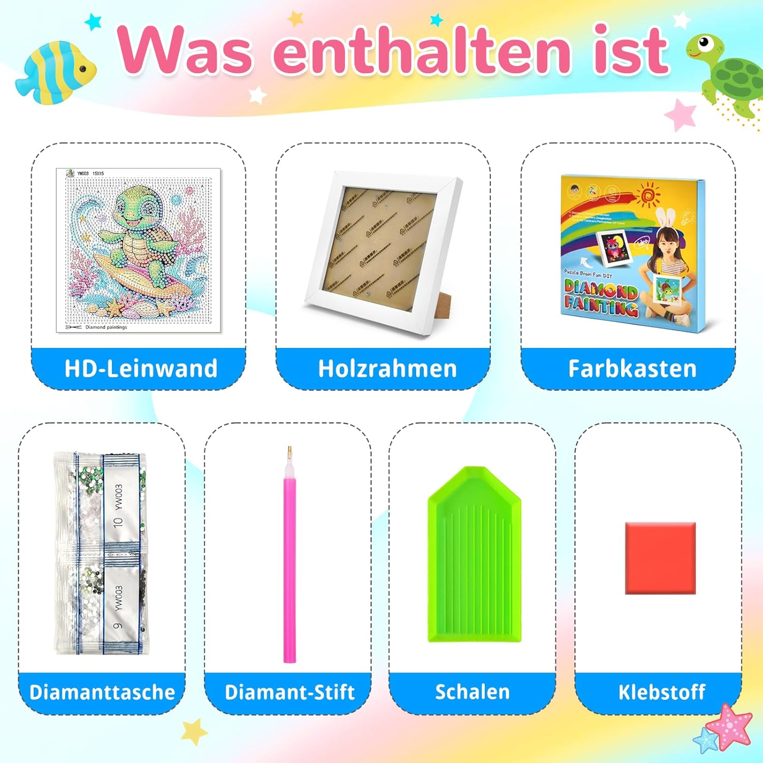 Thumbnail 3 de jieyisier Schildkröten Diamond Painting mit Holzrahmen (5D), 15 x 15 cm – für Anfänger