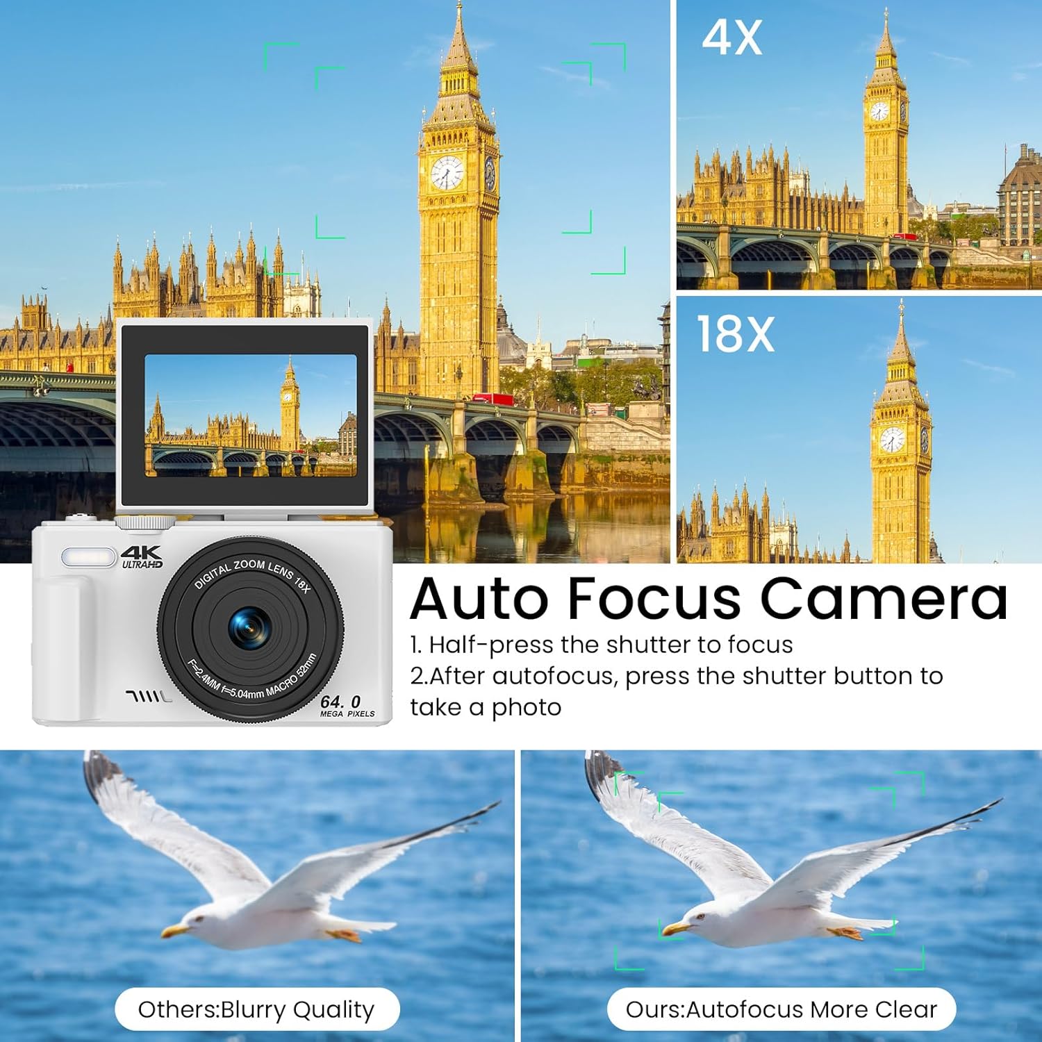Thumbnail 2 de SOPPY 5K Digital Camera with WiFi Transfer, 75MP Vlogging, 18X Zoom & 3" Flip Screen (White)