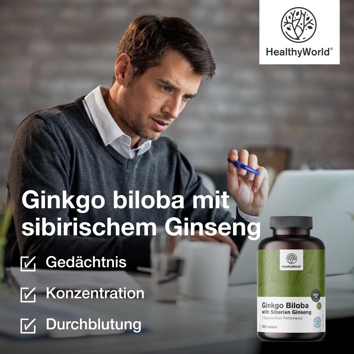 Detalle 2 de HealthyWorld Ginkgo Biloba mit sibirischem Ginseng (6.600 mg) – 365 Tabletten für die tägliche kognitive Unterstützung