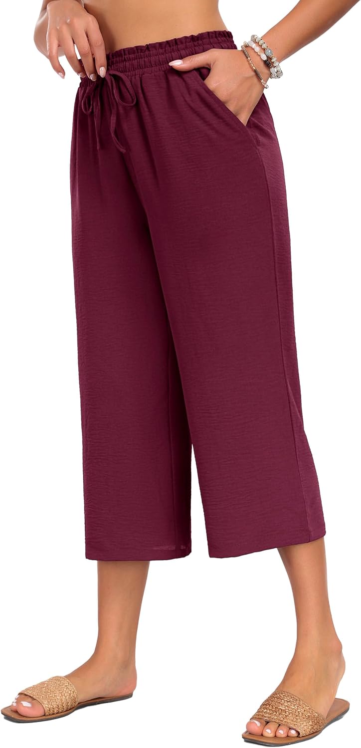 Detalle 2 de Neineiwu Damen Sommerhose High Waist Palazzo mit Kordelzug und weitem Bein (3/4 Capri)
