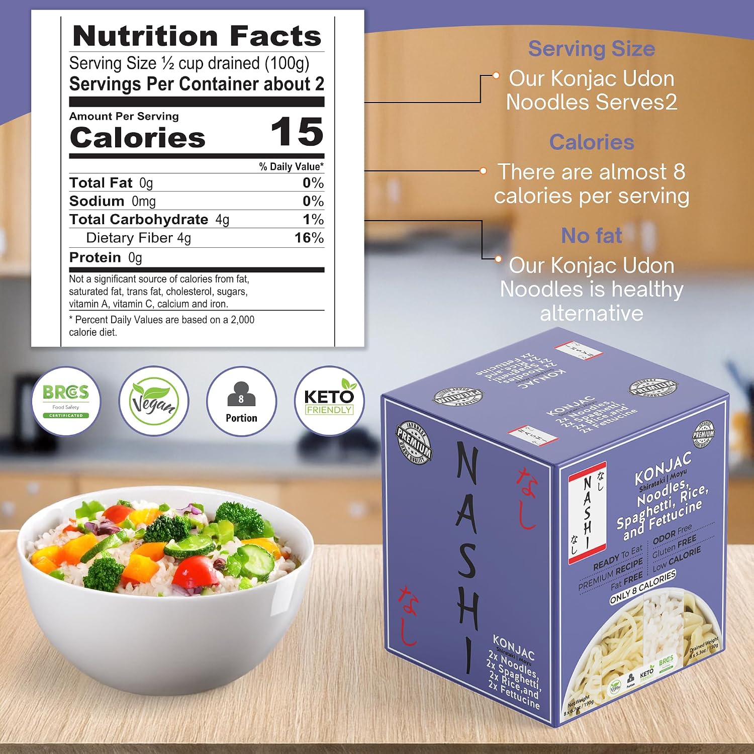 Detalle 2 de Nashi Konjac Shirataki Mix Pack – 8x190g, geruchsfrei, fettfrei, kohlenhydratarm und vegan