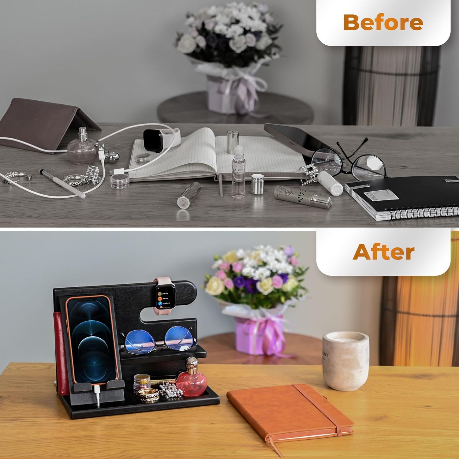 Thumbnail 3 de TESLYAR Wood Phone Docking Station – Nightstand & Desk Organizer (Black)