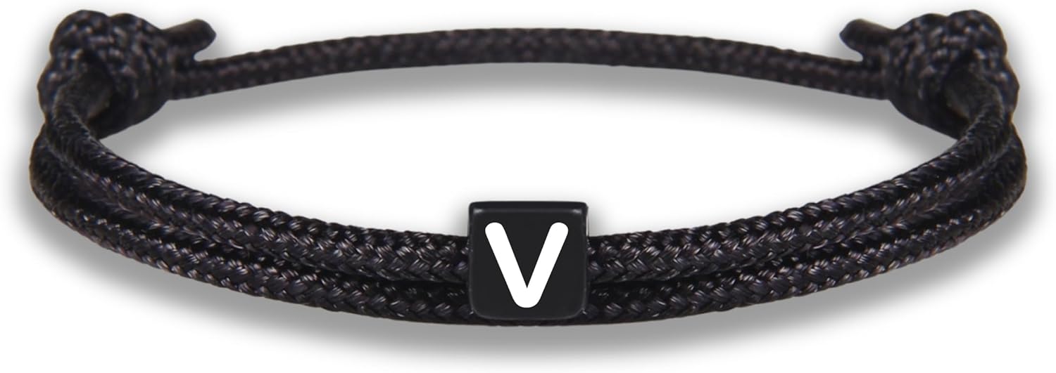 Detalle de GD GOOD.designs EST. 2015 Bracelet de corde avec lettres – Bracelet d'amitié noir ajustable 14–25 cm