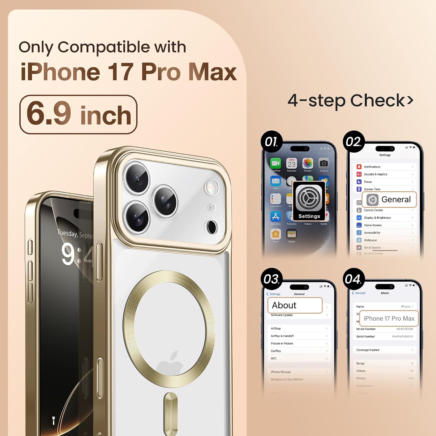 Detalle 2 de GolbinBox for iPhone 17 Pro Case with Stand (MagSafe) and Camera Control, Gold/Clear