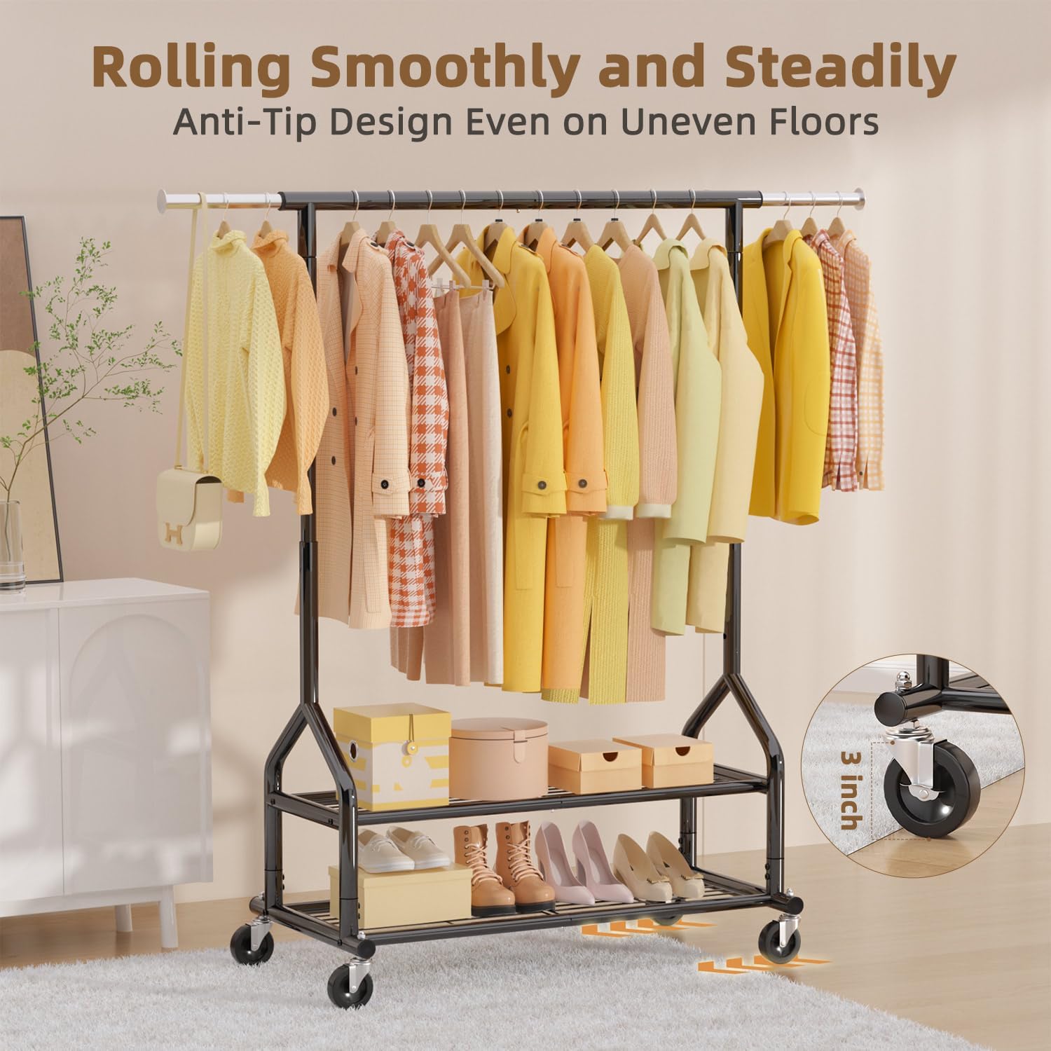 Detalle 2 de EAGMAK UKGRP070 Heavy-Duty Clothes Rack with Adjustable Rod, Shelves and Wheels