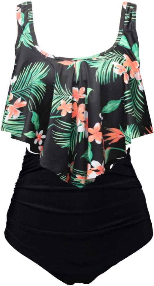 Detalle de Aidotop Maillot de bain femme 2 pièces vintage à volants, taille haute et dos nu (bikini floral)