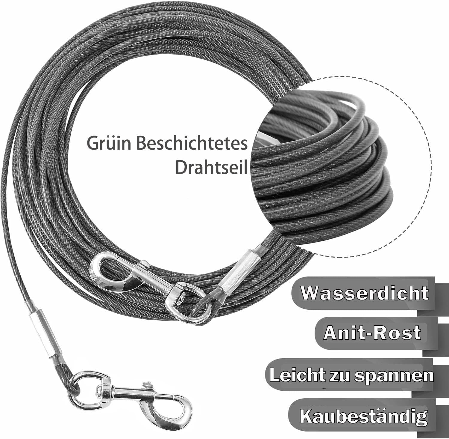 Detalle de Mi Metty Tie-Out Leinen für Hunde – 9 m Kausicheres Tie-Out Kabel für mittelgroße bis große Hunde, Dark Grey