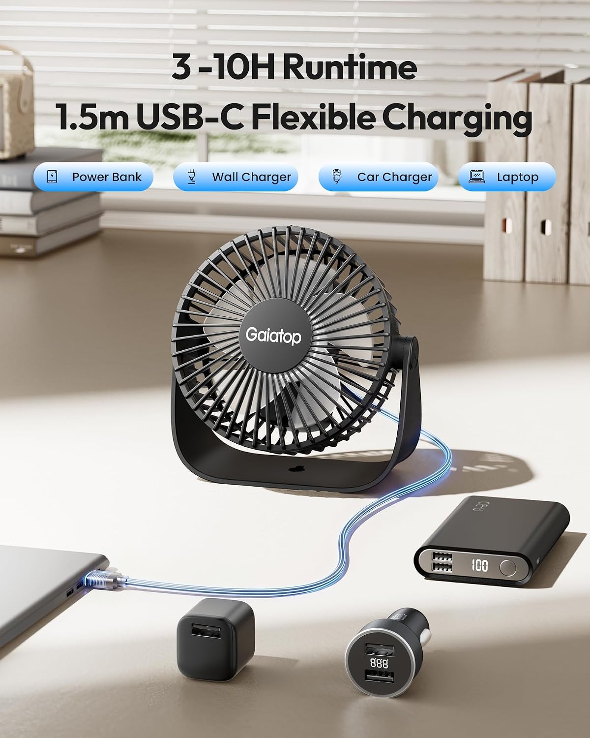 Detalle de gaiatop Small USB Desk Fan: Quiet, Rechargeable, 360° Rotatable Mini Fan
