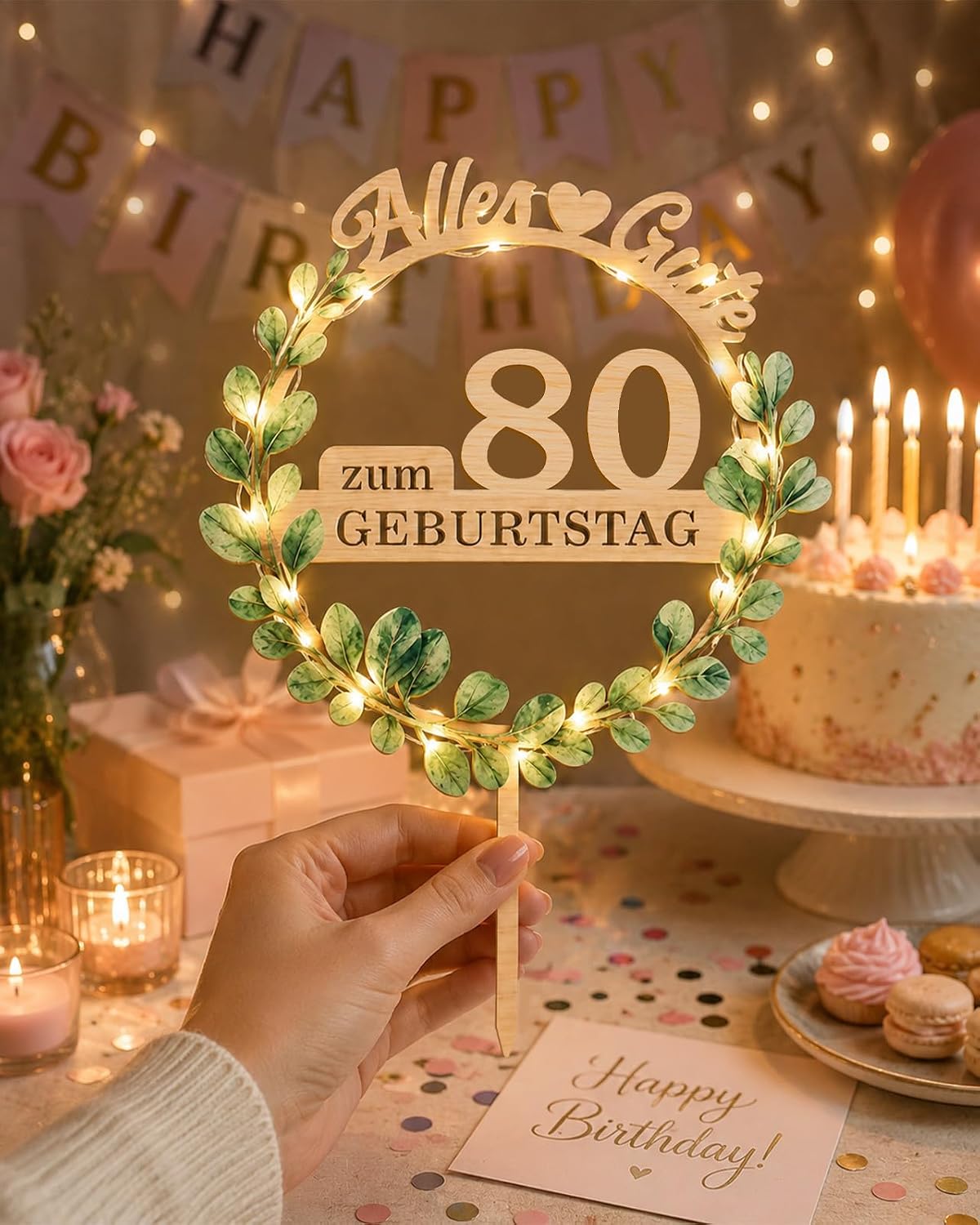 Detalle de Giftota Tortendeko 80 Geburtstag – Eleganter Holz-Cake Topper mit Eukalyptuskranz und LED-Lichterkette