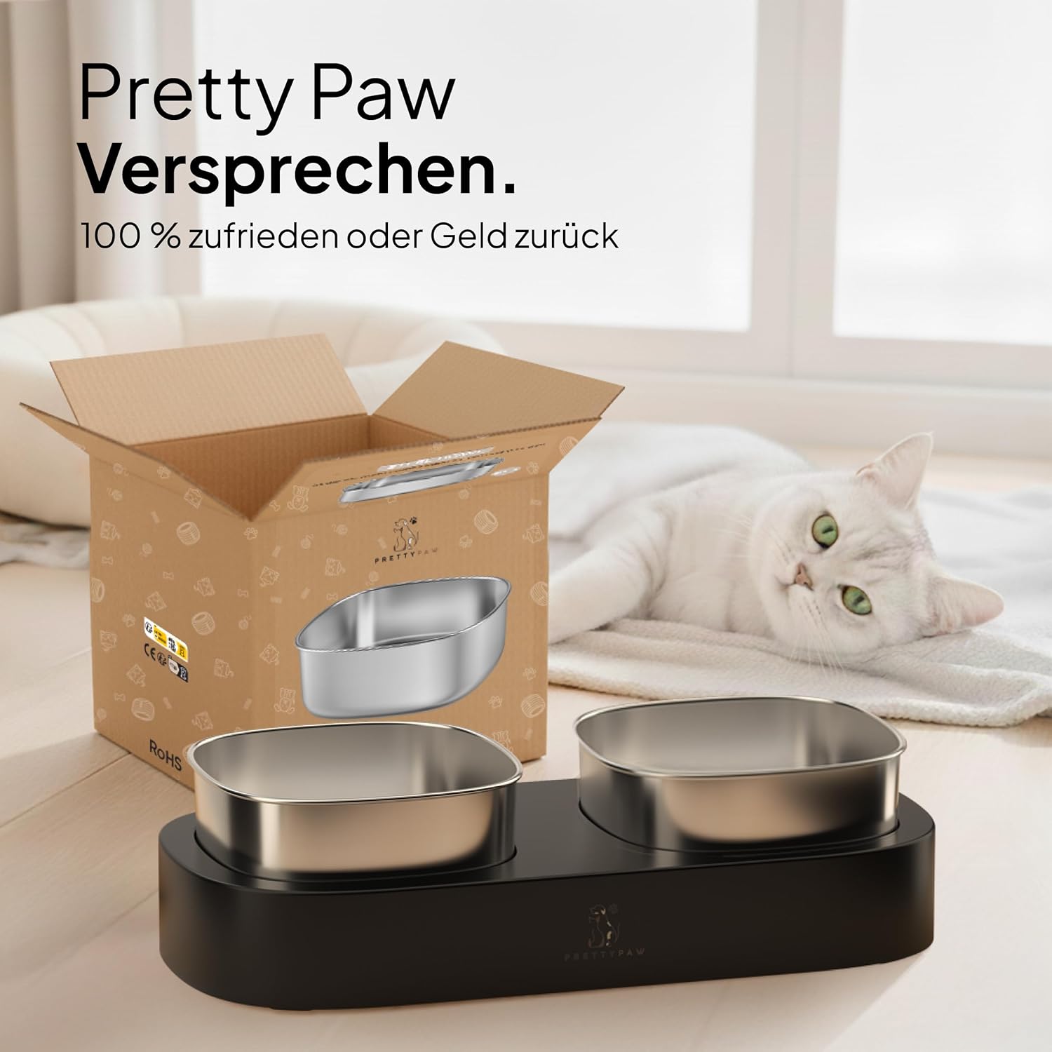 Thumbnail 6 de Pretty Paw erhöhter Doppel-Futternapf mit rutschfester Plattform und Edelstahlschalen (Schwarz)