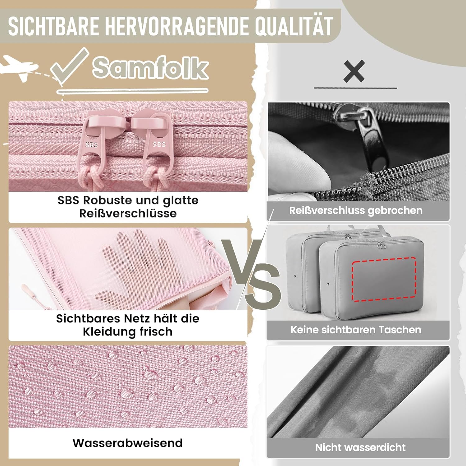Thumbnail 3 de 8‑teilige Compression Packing Cubes von Samfolk – Rosa, Koffer Organizer inkl. 2 Zusatzbeuteln (34×45 cm)