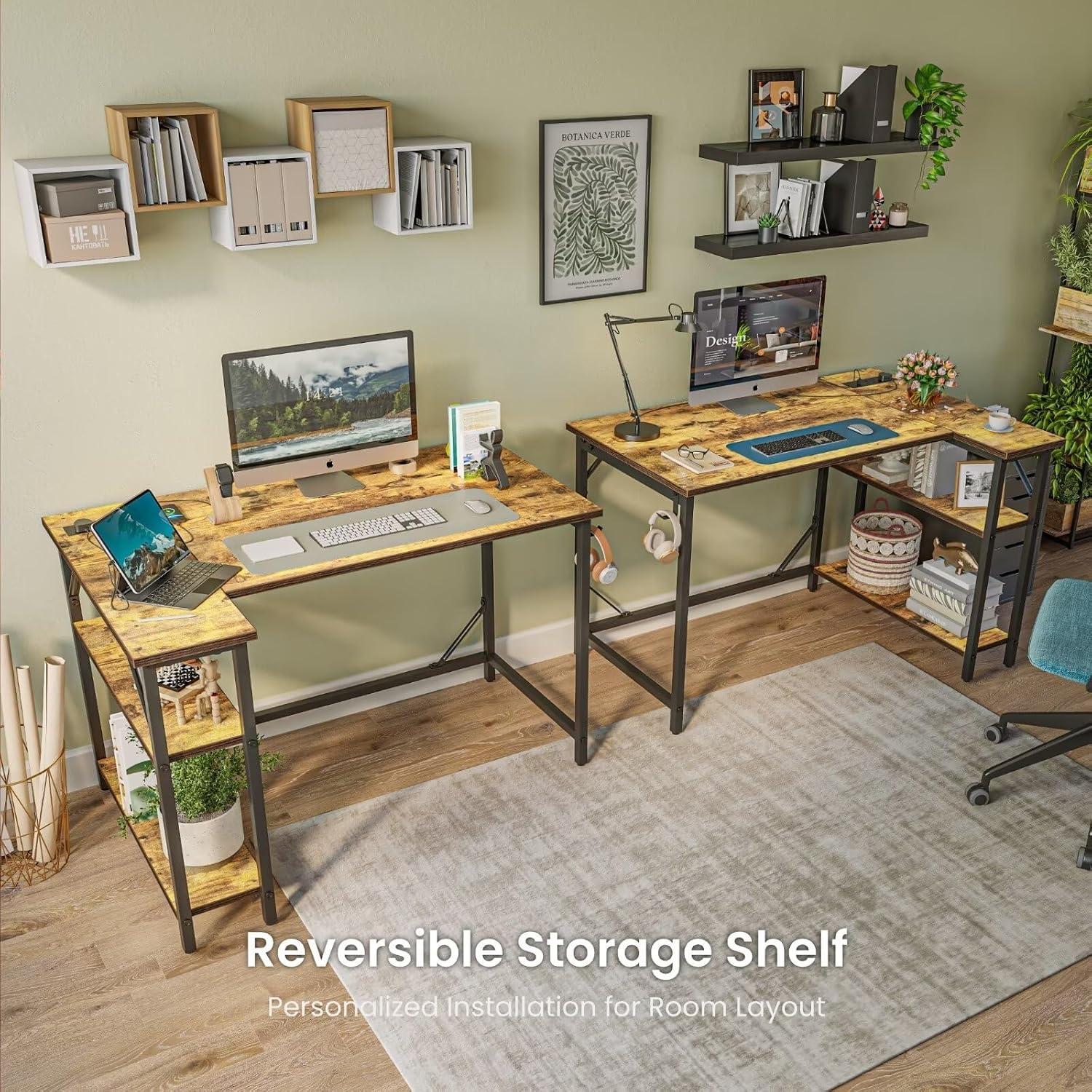 Detalle de DOMSHOCT 120 x 70cm Corner L-shaped computer desk with power outlets and reversible storage shelves (Rustic Brown)
