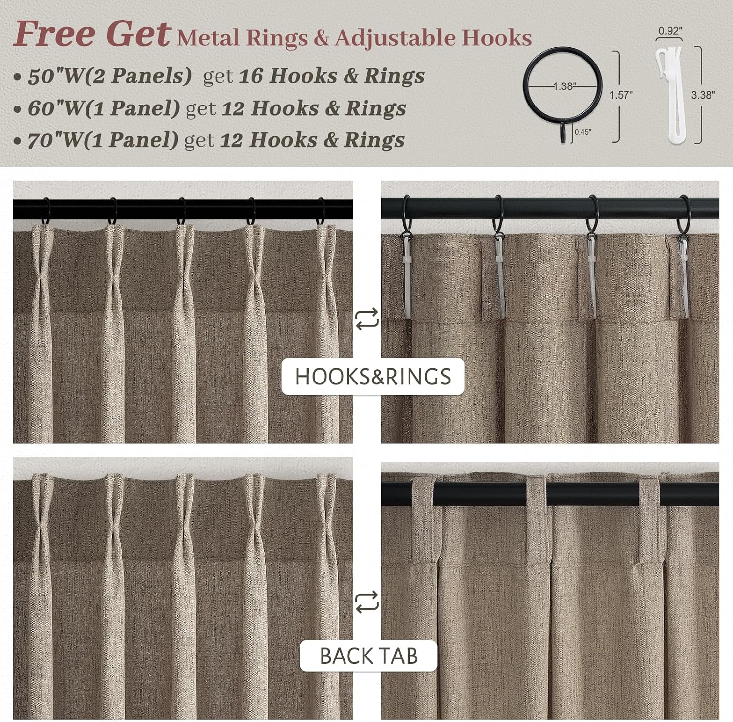 Detalle 2 de LuxuNap Pinch Pleated Linen Blend Curtains, 50 x 84 in, Dark Flax, 2 Panels