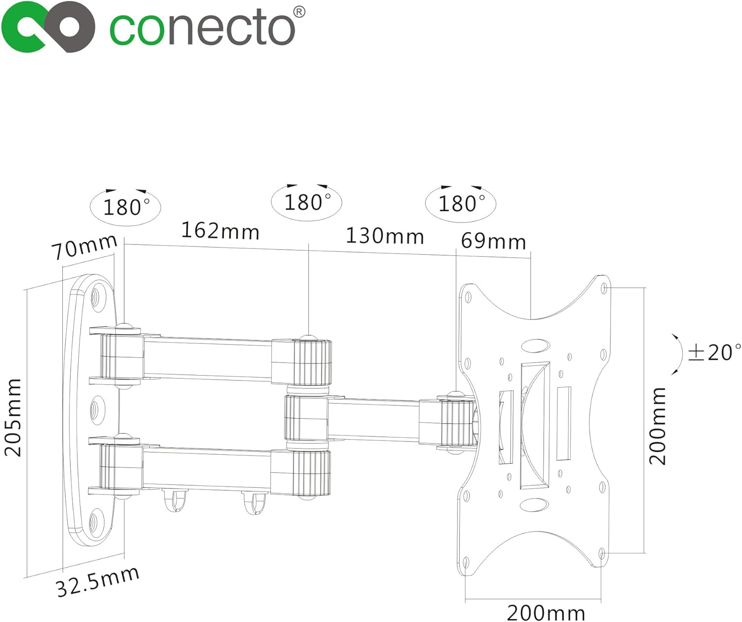 Thumbnail 3 de Connec support mural pour TV/moniteur 58-107 cm (23-42&quot,) VESA 200x200, inclinable et pivotant, blanc