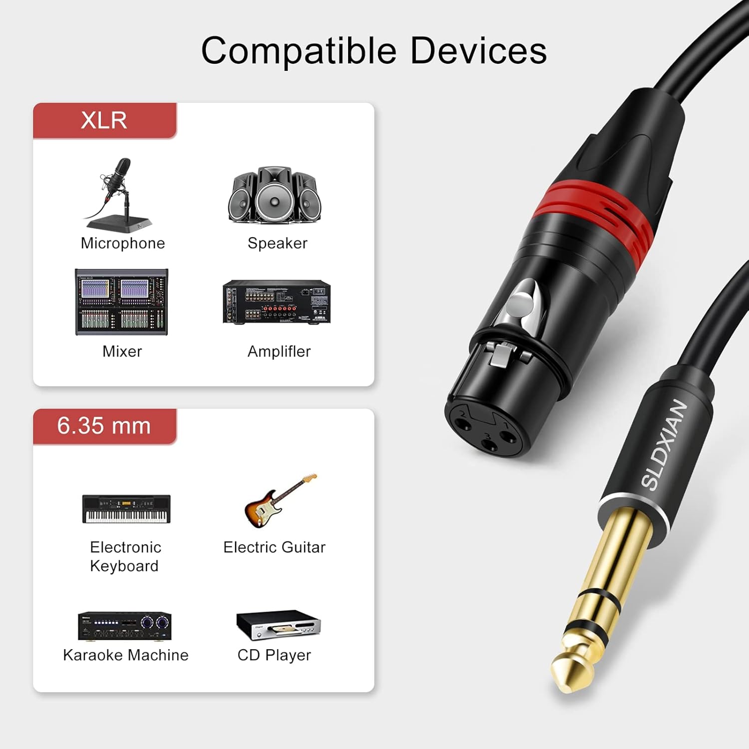 Detalle de SLDXIAN XLR Female to 1/4 inch (6.35mm) TRS Balanced Cable, 3m – Quarter-inch jack to XLR mic lead