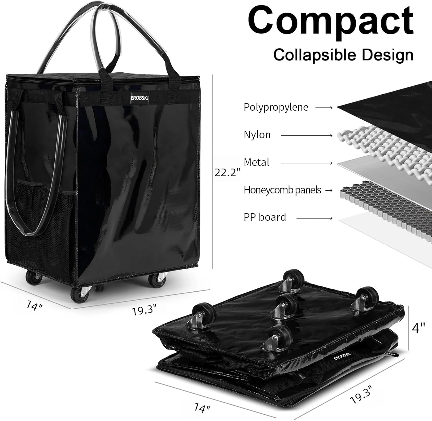 Thumbnail 3 de EROBSKJ Large Black Reusable Grocery Bag on Wheels (Foldable Rolling Tote)