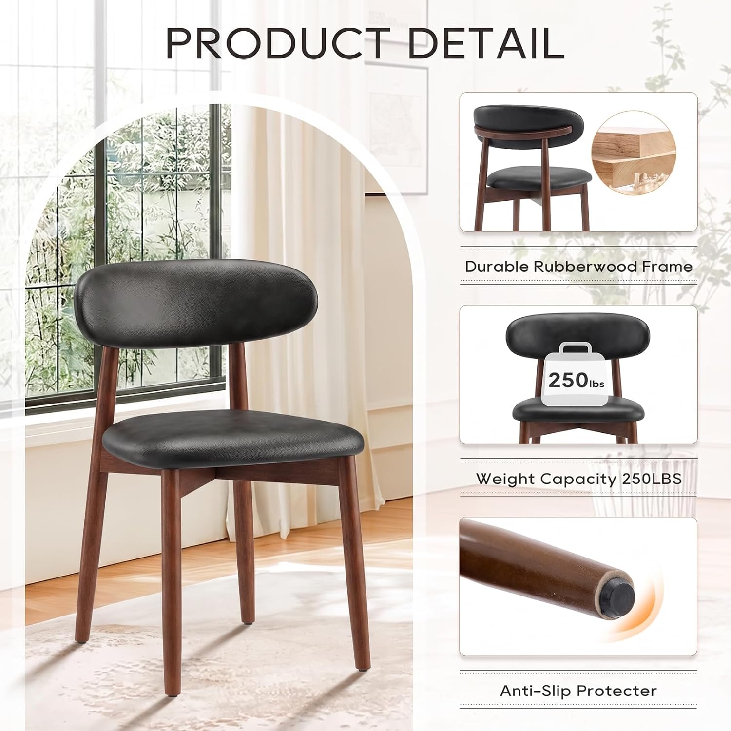 Detalle 2 de COLAMY D6270US Wooden Dining Chairs, Set of 6, Black Leather Upholstery