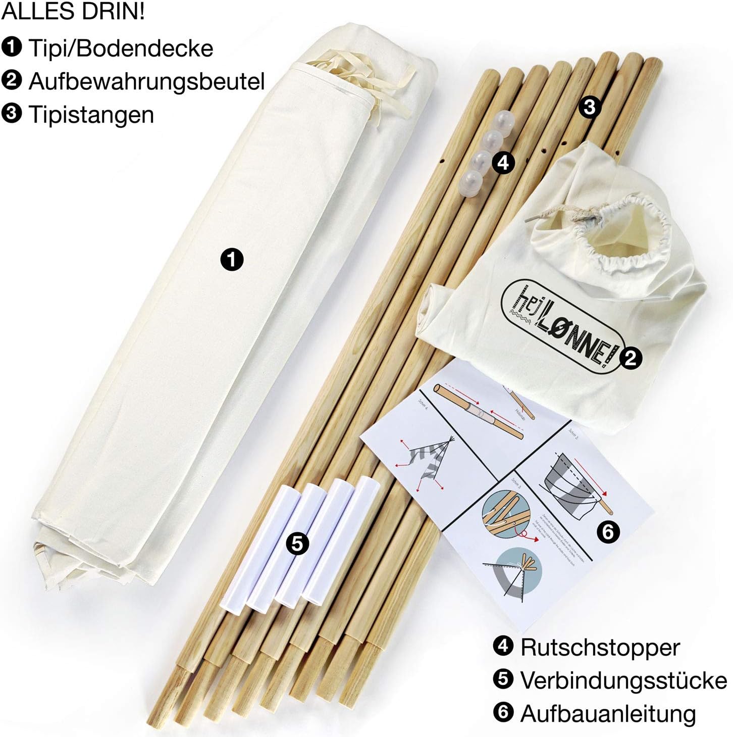 Detalle de HEJ LØNNE Tenda Tipi Indiana per Bambini Beige Naturale con Tappetino e Finestra 120x120x150 cm