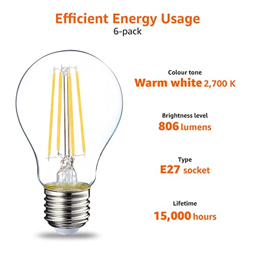 Detalle 2 de Philips 7W E27 LED Filament Bulb (60W equivalent) – Warm White, 6‑pack, Non‑Dimmable