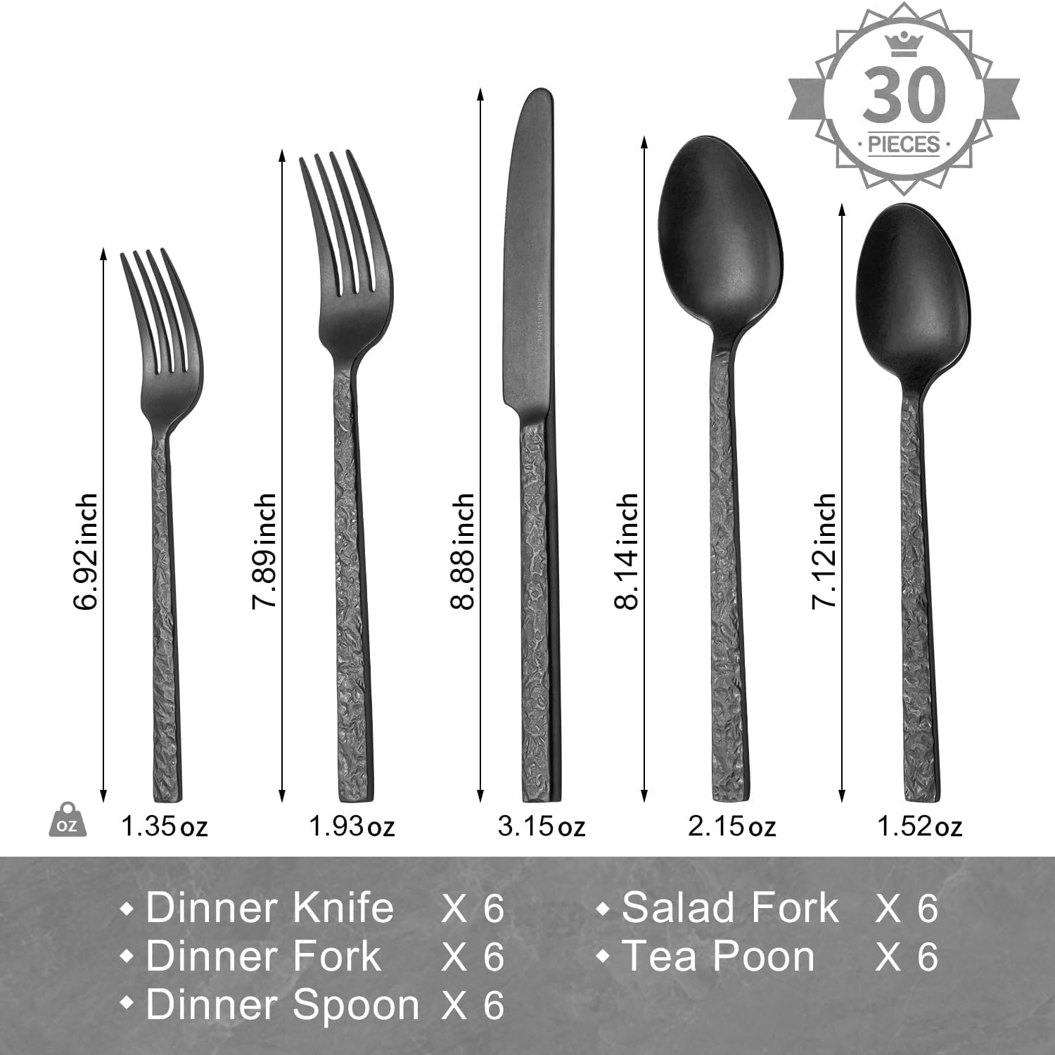 Detalle 2 de KINGSTONE 30-Piece Black Hammered Silverware Set for 6 (18/10 Stainless Steel) — Dishwasher Safe