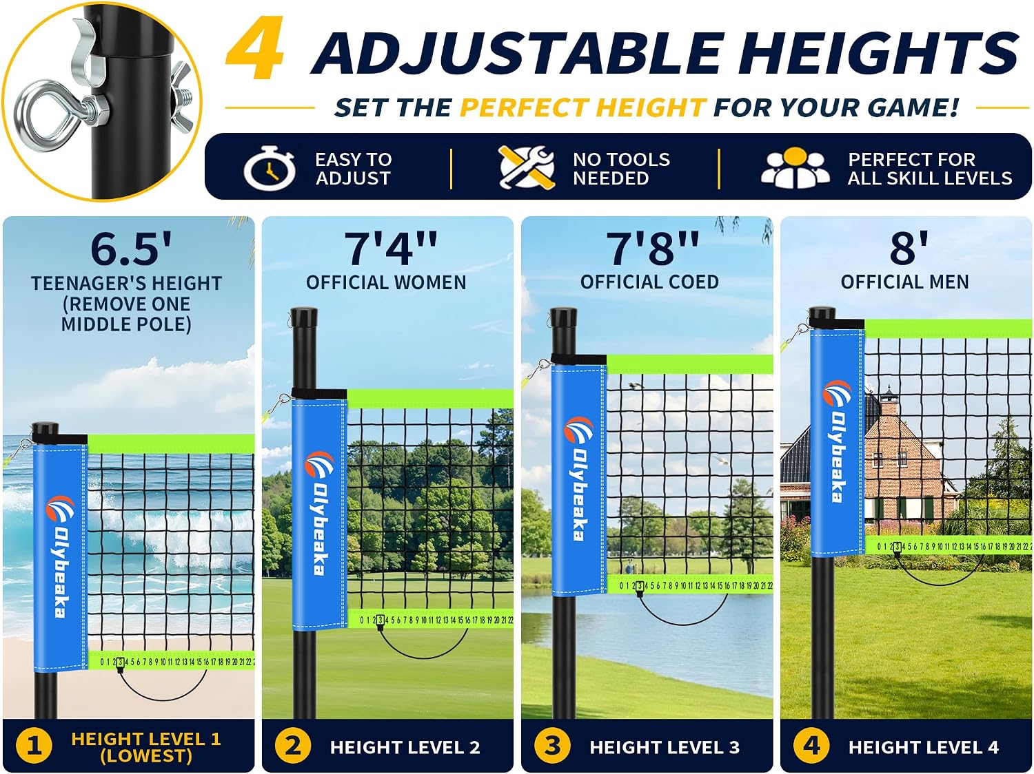 Detalle de Olybeaka 32 ft Portable Volleyball Net Set with 4 Adjustable Heights