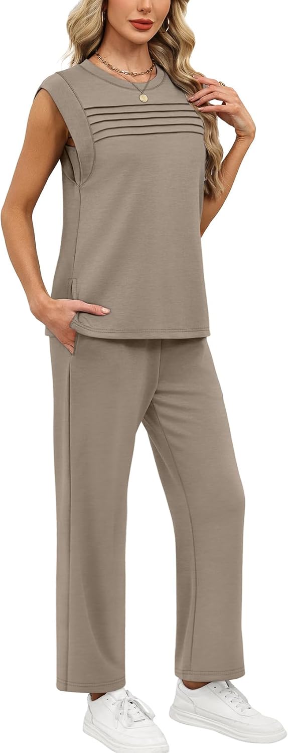 Thumbnail 3 de WIHOLL Two-Piece Set for Women: Summer/Spring Lounge Outfit with Cap Sleeve Top & Wide-Leg Cropped Pants