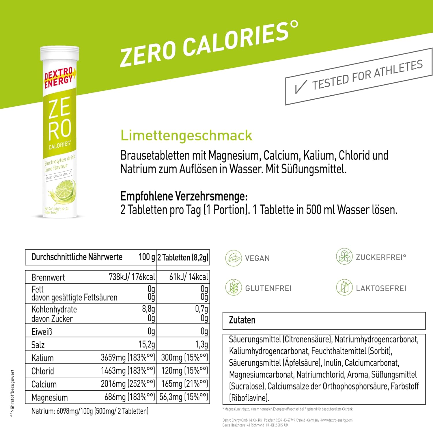 Thumbnail 5 de Dextro Energy Elektrolyte ohne Zucker (Limette) – 60 Brausetabletten, 1.141 mg Elektrolyte, 3er Pack