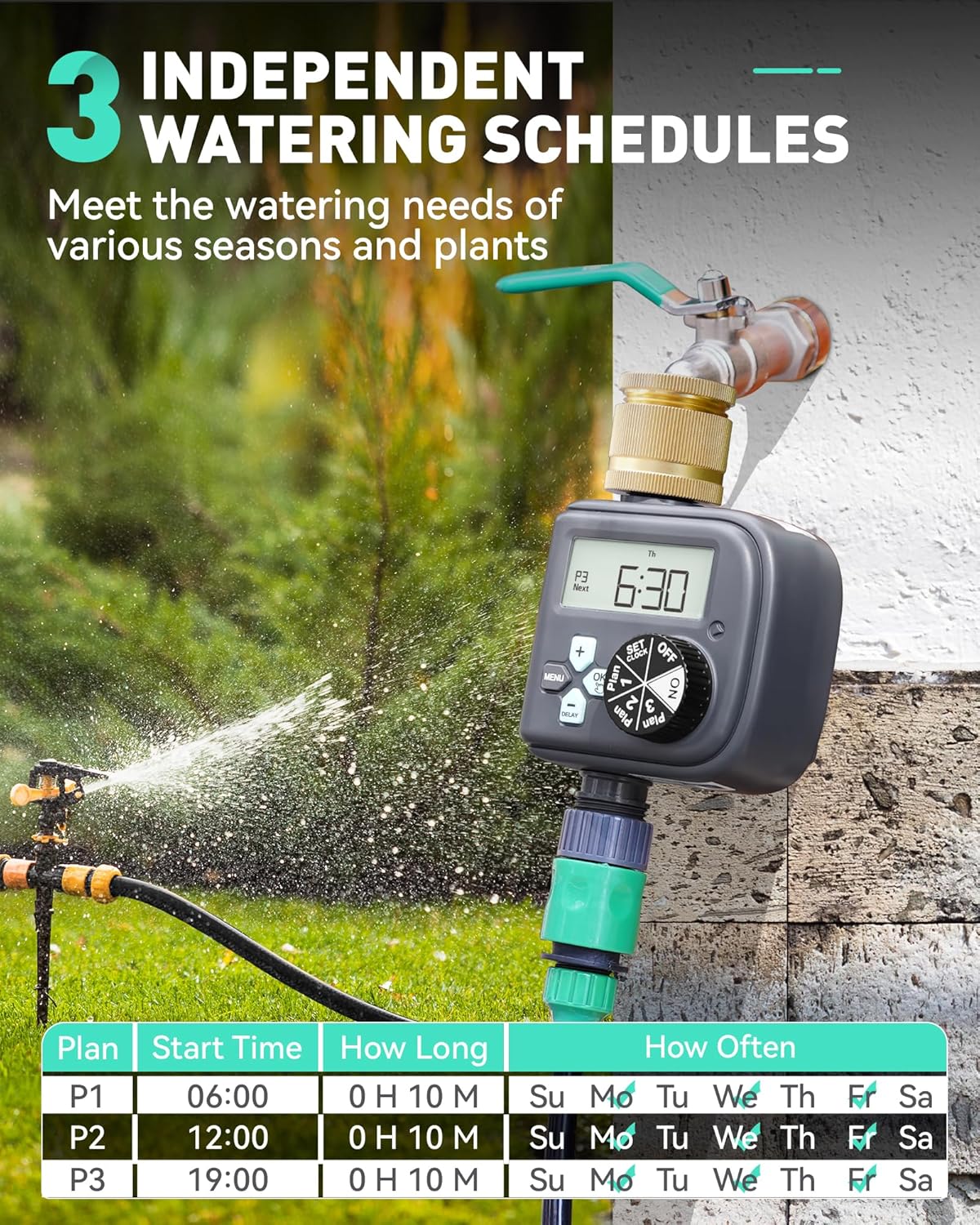 Detalle 2 de RAINPOINT Water Timer with Brass Inlet – 3 independent programmes, rain delay & IP54 hose sprinkler timer