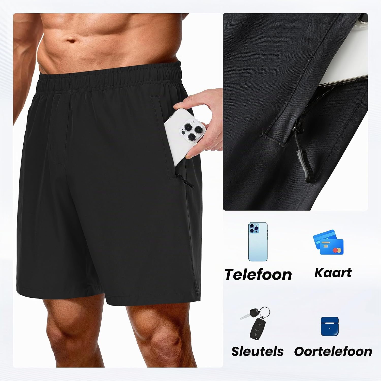 Detalle 2 de JOVCOVL korte sportshorts voor heren, licht en sneldrogend met ritszakken