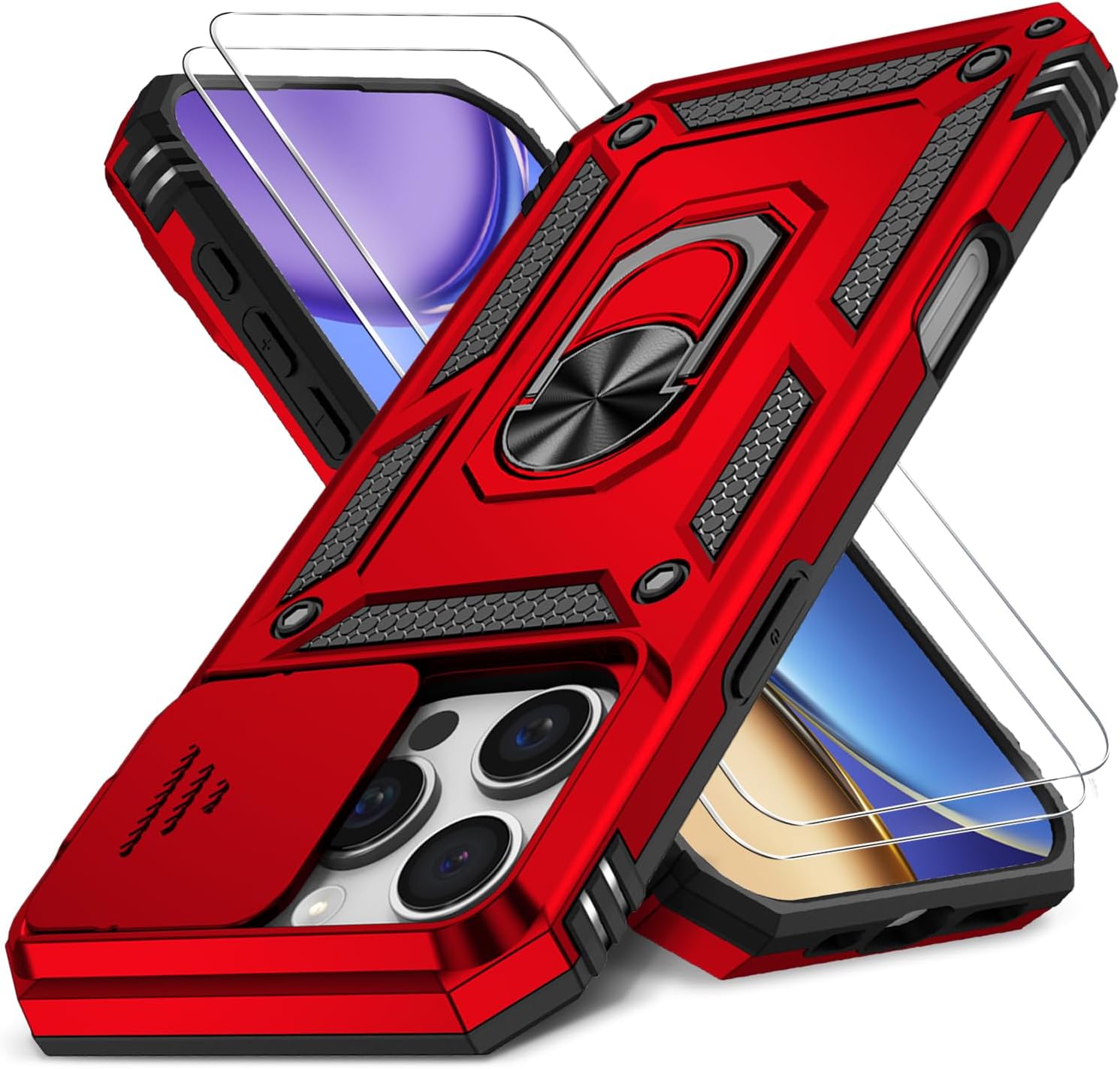 Detalle de HakkTaoo iPhone 16 Pro Max Case, Red, with Camera Cover and Ring Stand
