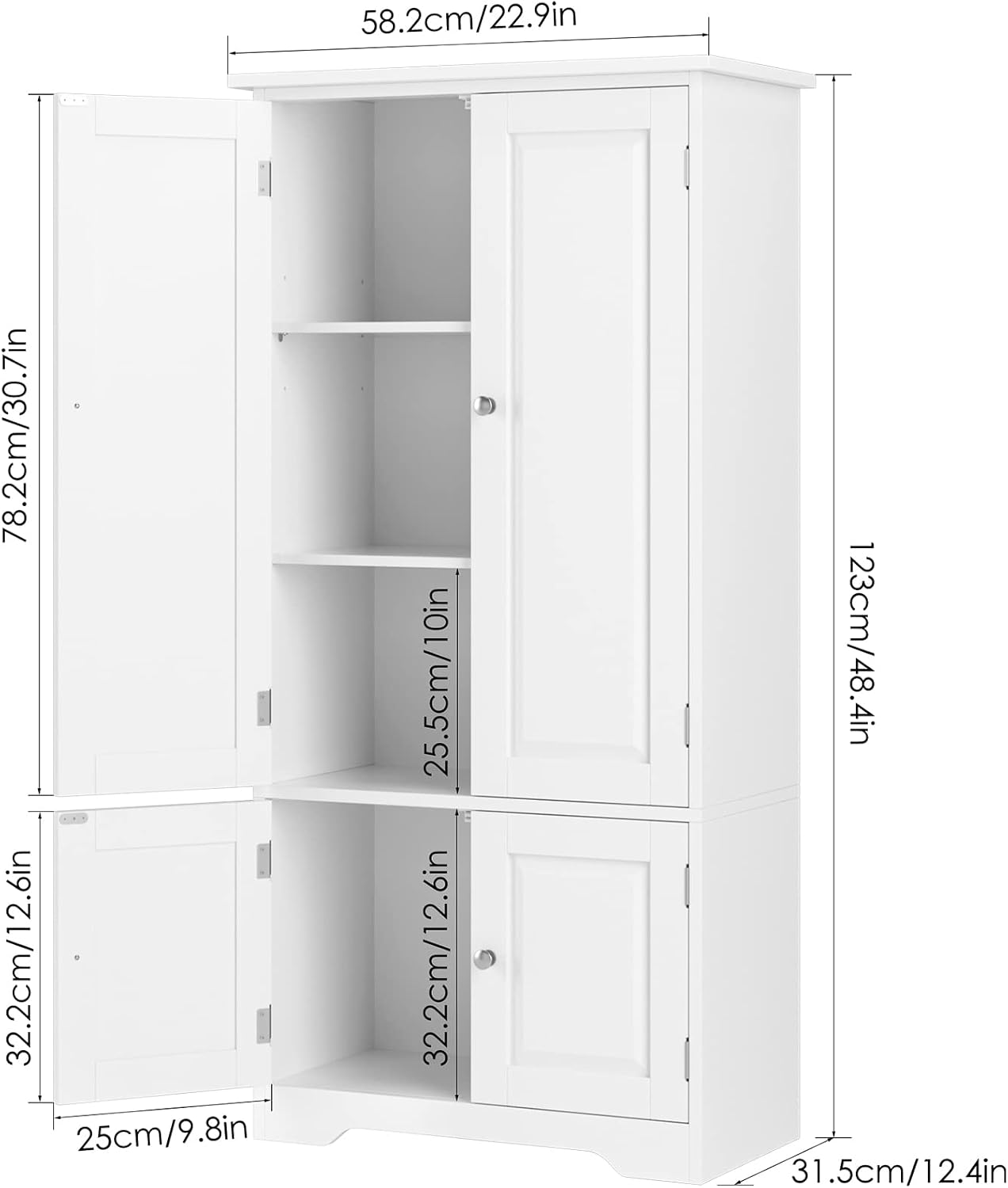 Detalle de FOREHILL 771 Tall Kitchen Storage Cabinet, 4 Doors, Adjustable Shelf, White
