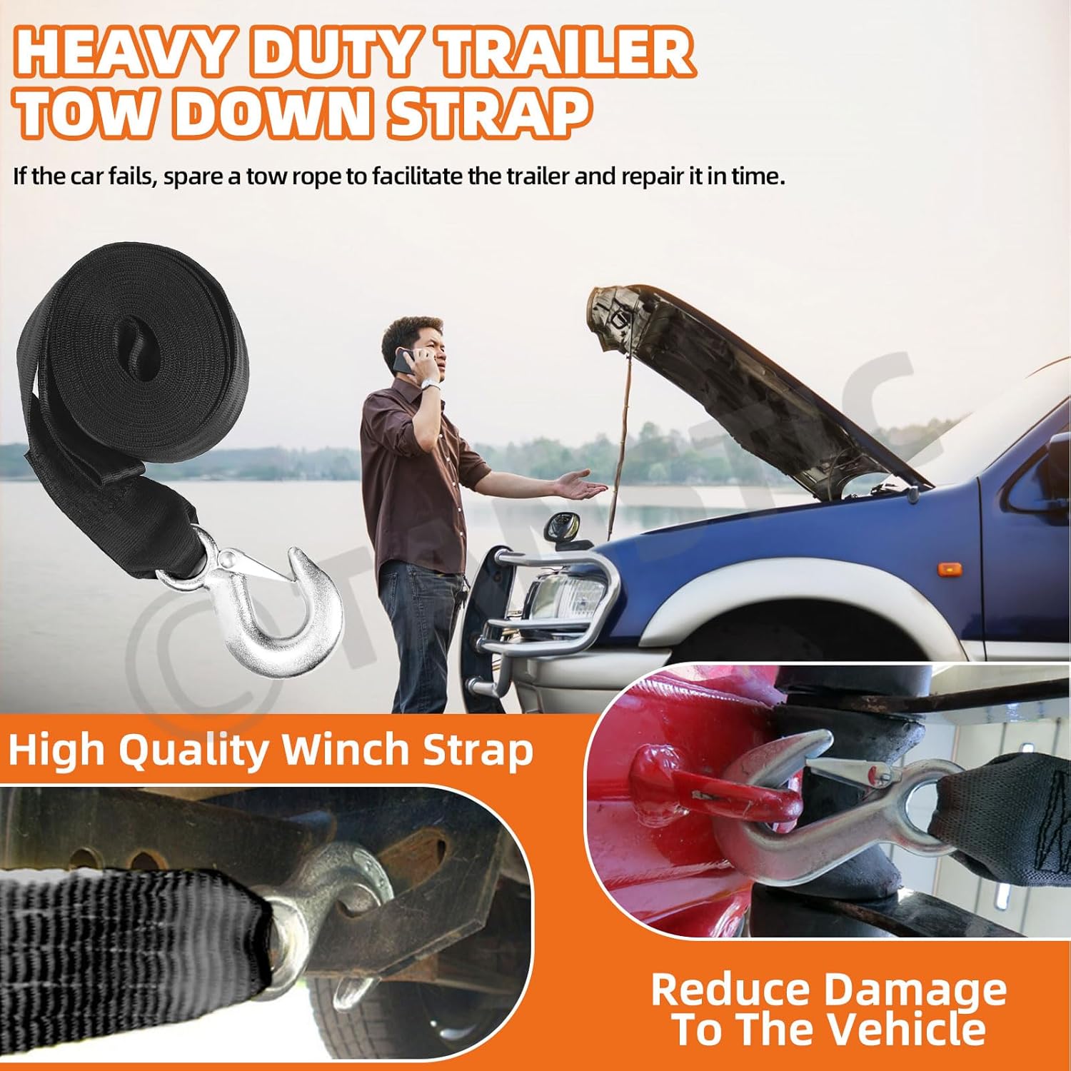 Thumbnail 4 de Tanstic 2 inch x 20 feet boat trailer winch strap with safety hook (4,400 lbs working load)