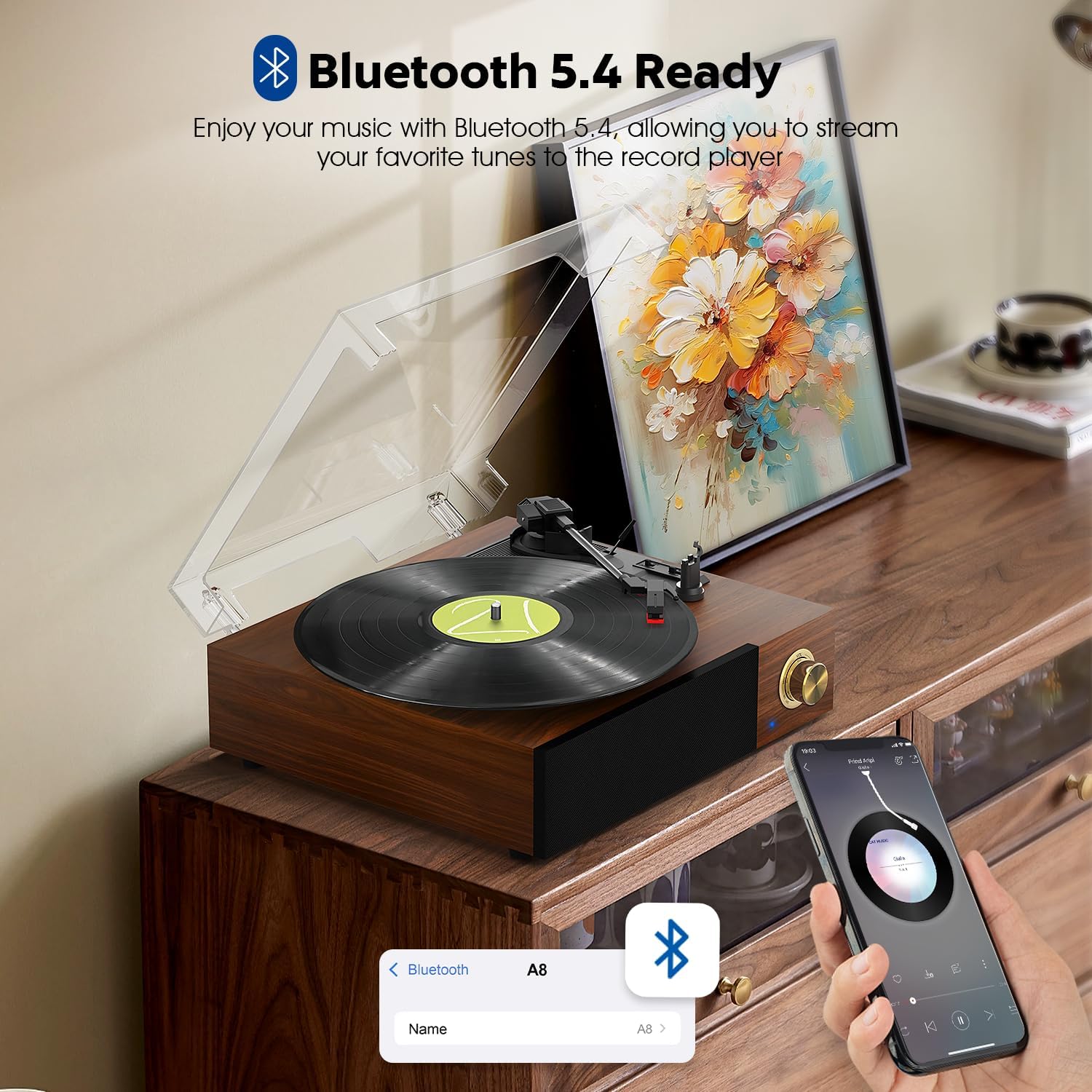 Detalle de FYDEE Platine vinyle Bluetooth rétro avec haut-parleurs stéréo intégrés et sortie RCA