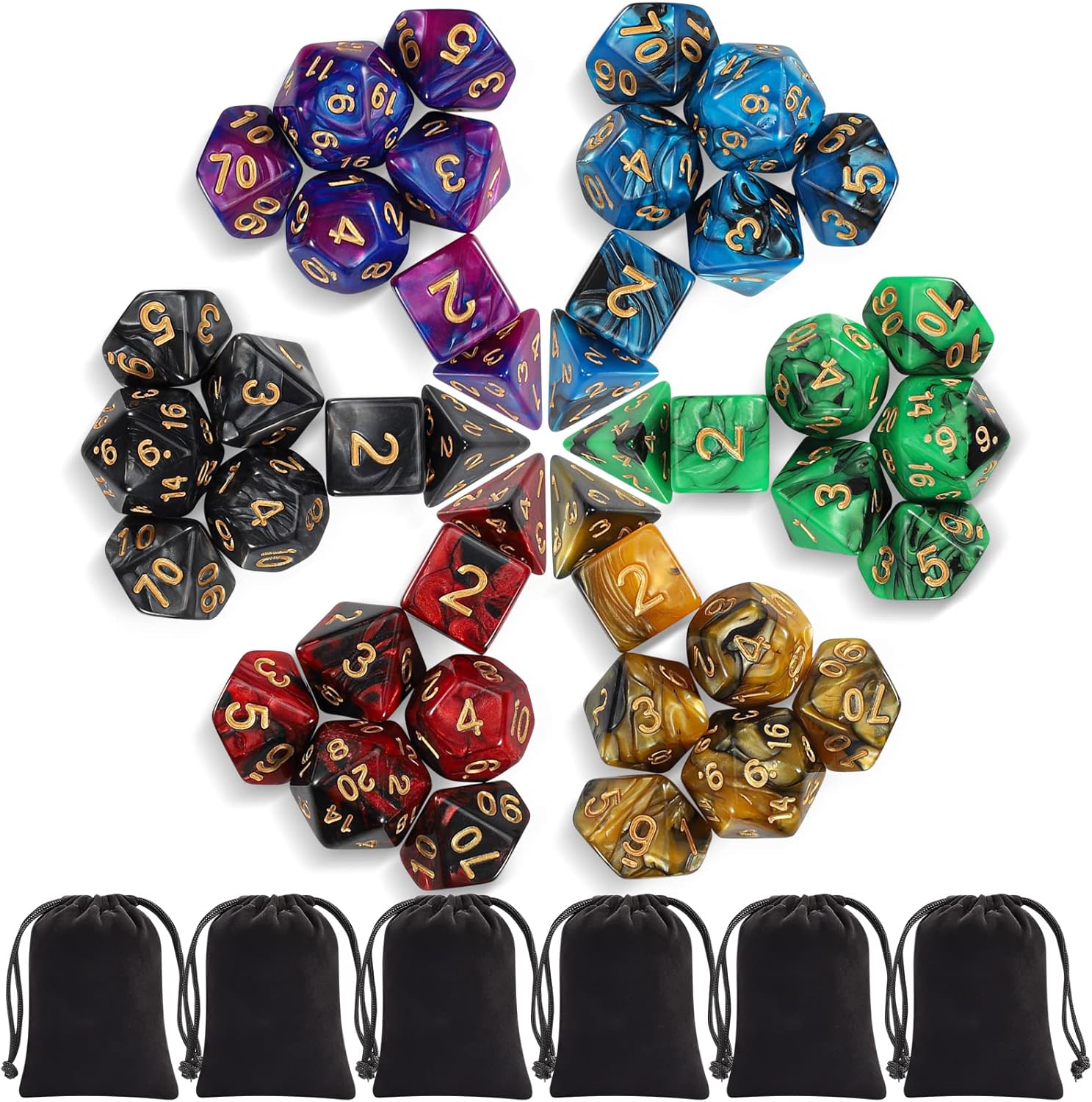 iFergoo Polyedrische Würfel Set (42 Stück) mit 6 Beuteln – D4 bis D20 für Dungeons & Dragons, MTG & Co.