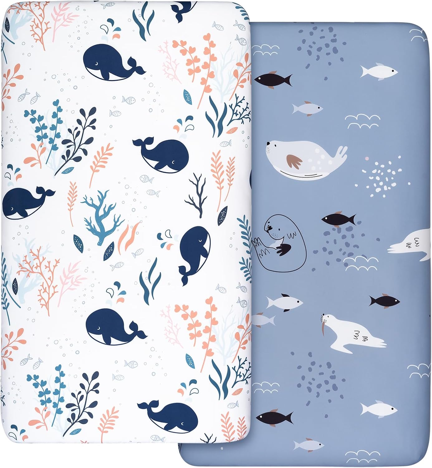 Detalle de 2 Pack Cot Sheets: 120 x 60 cm Microfibre Fitted Sheets (Whales) for Bassinet/Oval Cribs
