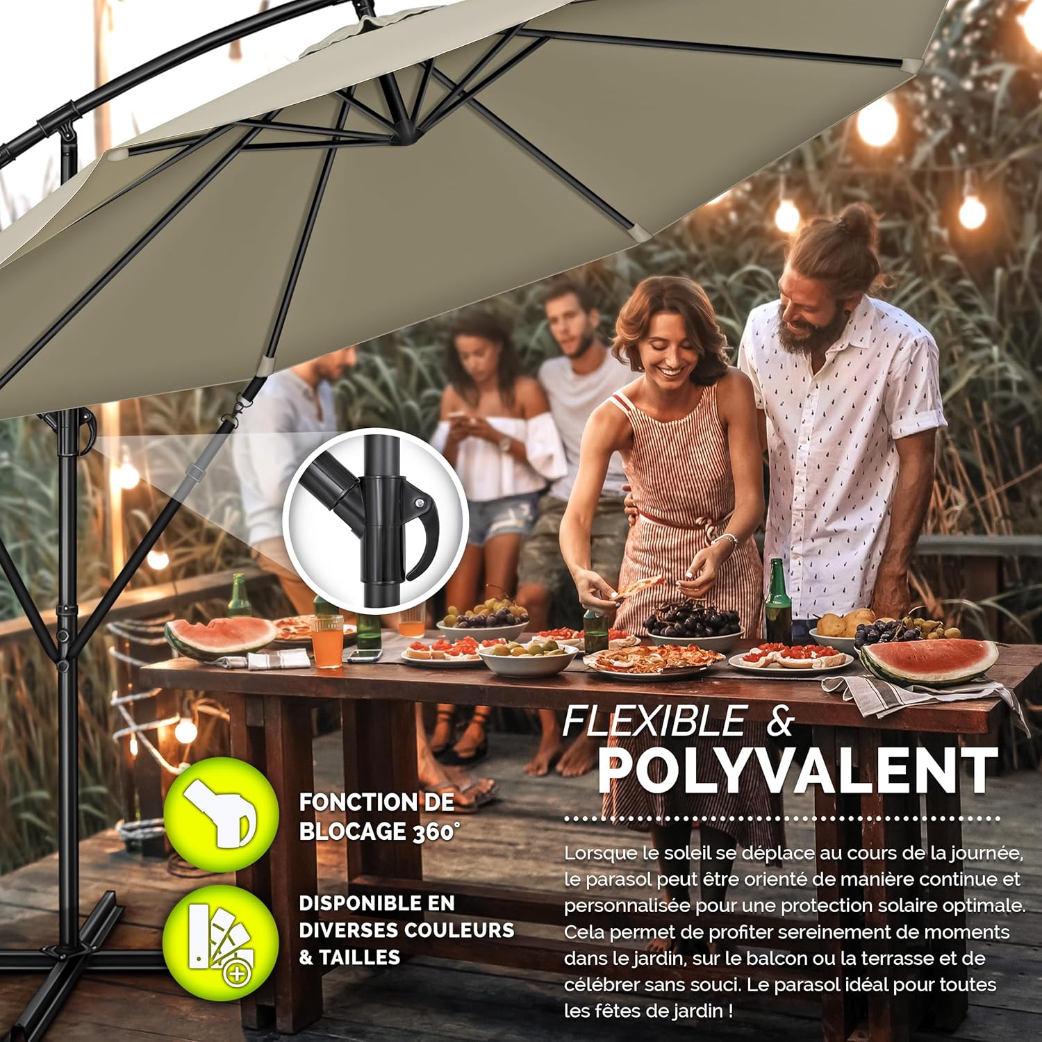 Thumbnail 5 de Tillvex Parasol déporté hexagonal 3M avec manivelle - Aluminium, pied robuste et housse imperméable