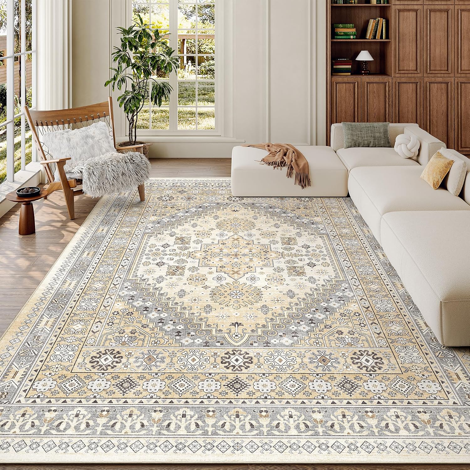 Detalle de zesthome X 5' x 7' Beige Washable Area Rug, Low-Pile Vintage Style