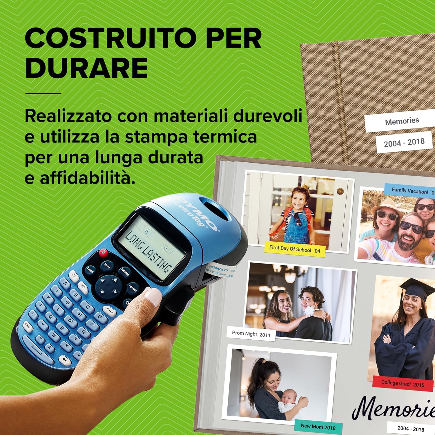 Detalle de DYMO LetraTag LT-100H Starter Kit: etichettatrice palmare con 3 bobine incluse e LCD da 13 caratteri