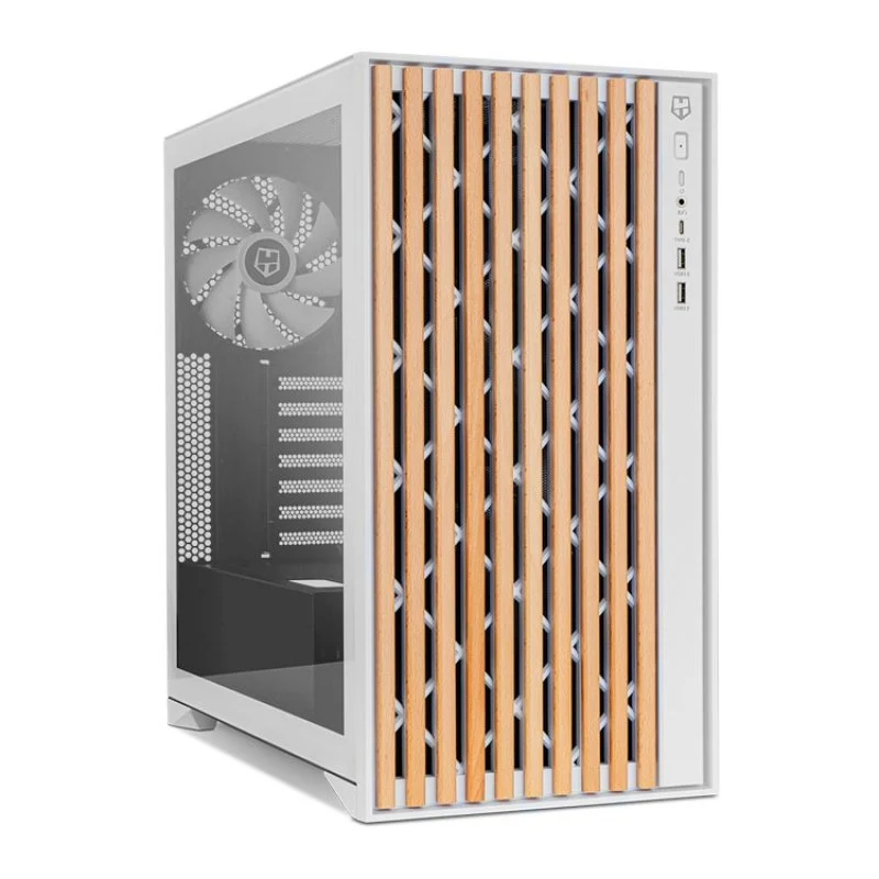 Detalle de Nox Hummer Element Semi Torre ATX con Frontal enmoldado y Lateral de Cristal Templado en Blanco y Madera