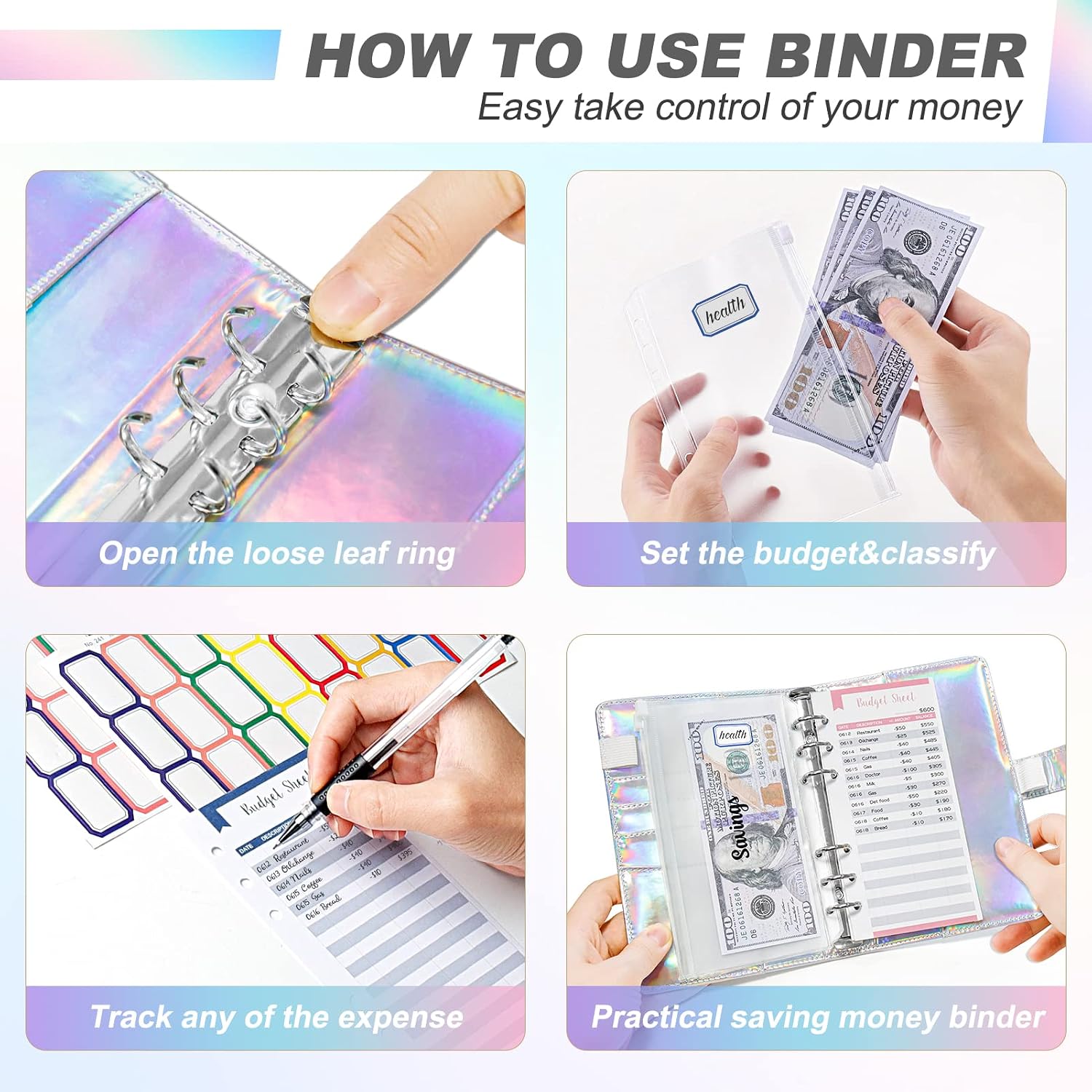 Detalle de Onlyesh 28Pcs-Shiny-Book Budget Binder with Waterproof Cash Envelopes, Silver